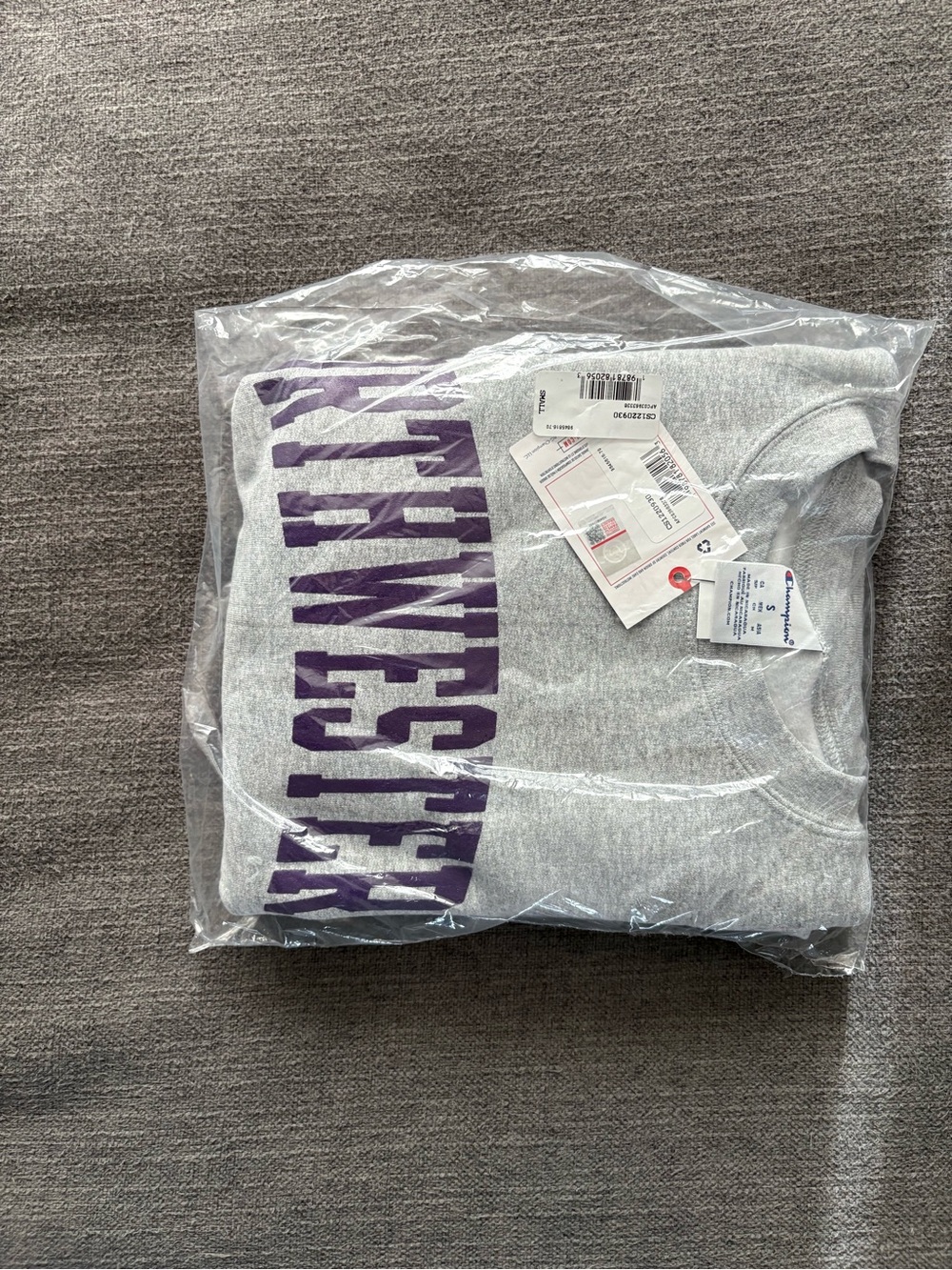 NORTHWESTERN Gray Crewneck Sweatshirt with Purple Block Lettering